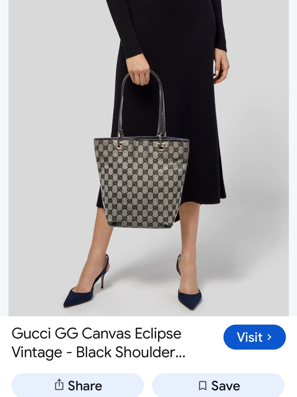 VINTAGE Gucci GG Canvas Eclipse Tote with Black Leather Trim